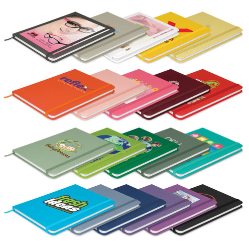 A collection of colourful notebooks in various designs, showcasing multiple covers and a logo on some. A collection of colourful notebooks in various designs, showcasing multiple covers and a logo on some.