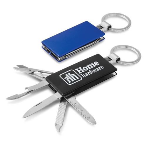 A blue and black multi-function metal key ring with various tools and a logo. A blue and black multi-function metal key ring with various tools and a logo.