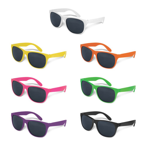 A range of Malibu Basic Sunglasses in white, yellow, orange, pink, green, purple, and black with dark lenses.