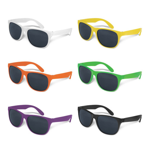 A collection of six pairs of Malibu Basic Sunglasses in white, yellow, orange, green, purple, and black.