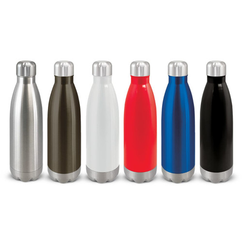 A drink bottle collection featuring stainless steel, brown, white, red, blue, and black finishes, each with a metallic cap.