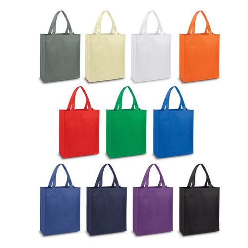 A collection of Kira A4 Tote Bags in various colours: grey, yellow, white, orange, red, green, blue, purple, and black, featuring handles and logos. A collection of Kira A4 Tote Bags in various colours: grey, yellow, white, orange, red, green, blue, purple, and black, featuring handles and logos.