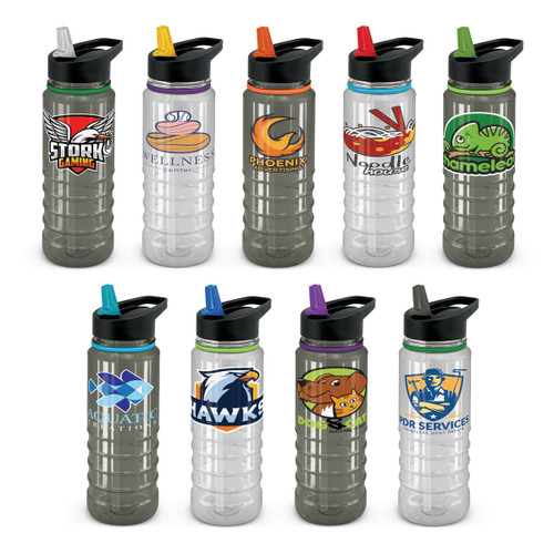 A drink bottle collection featuring clear and black designs in various styles with assorted coloured lids and logos. A drink bottle collection featuring clear and black designs in various styles with assorted coloured lids and logos.