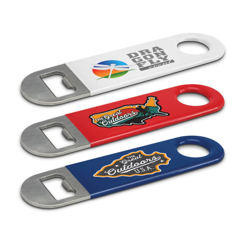 A drink bottle opener set featuring red, blue, and white designs with various logos and metallic bottle opening ends. A drink bottle opener set featuring red, blue, and white designs with various logos and metallic bottle opening ends.
