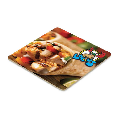 A square cardboard drink coaster featuring a vibrant image of a grilled wrap with colourful fillings. It includes a logo. A square cardboard drink coaster featuring a vibrant image of a grilled wrap with colourful fillings. It includes a logo.