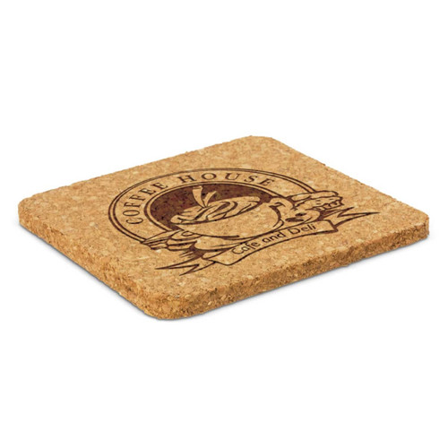 A square cork coaster featuring a coffee house design and a logo, with a natural cork colour. A square cork coaster featuring a coffee house design and a logo, with a natural cork colour.