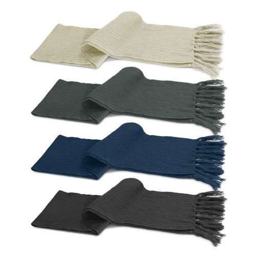 A set of four cable knit scarves in cream, dark green, navy blue, and charcoal, featuring fringe detailing. A set of four cable knit scarves in cream, dark green, navy blue, and charcoal, featuring fringe detailing.