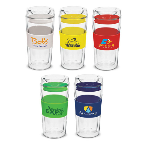 A set of five double wall glass cups in clear glass, featuring various coloured silicone grips and logos. A set of five double wall glass cups in clear glass, featuring various coloured silicone grips and logos.