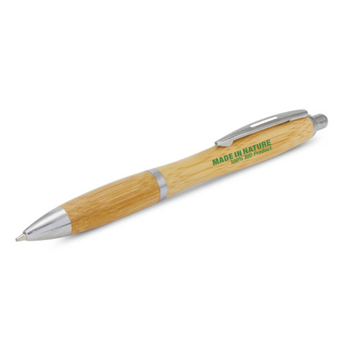 A bamboo pen with silver accents, featuring a logo on the barrel. A bamboo pen with silver accents, featuring a logo on the barrel.