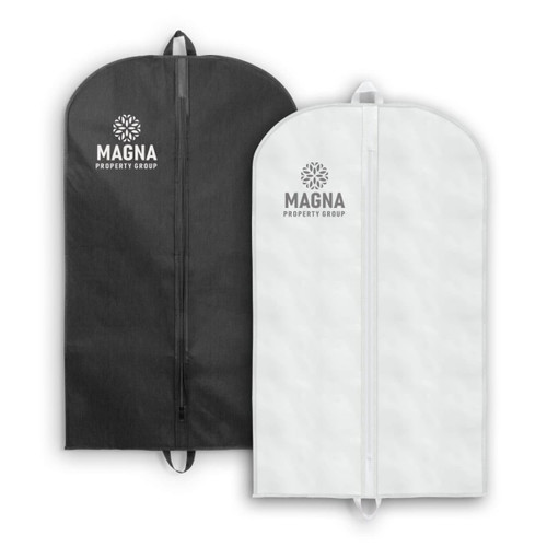 Two garment bags in black and white, featuring a logo on each, with a zip closure and hanging loops. Two garment bags in black and white, featuring a logo on each, with a zip closure and hanging loops.