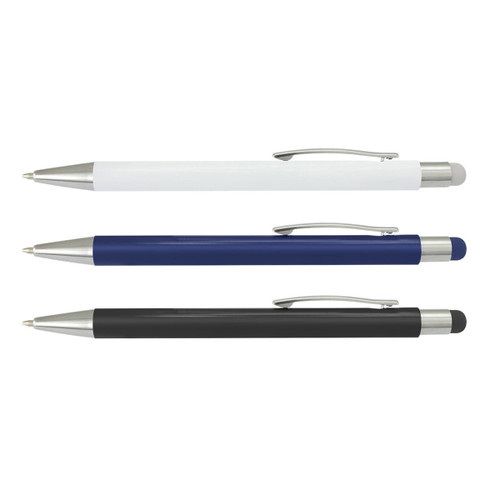 A set of three stylus pens in white, blue, and black, featuring silver accents and a logo.