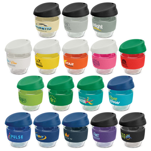 A collection of reusable coffee cups in various colours, each with a lid and featuring different logos.