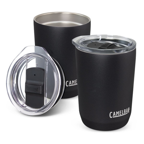 A drink bottle featuring a matte black exterior, stainless steel interior, and a clear lid with a slider. It has a logo. A drink bottle featuring a matte black exterior, stainless steel interior, and a clear lid with a slider. It has a logo.