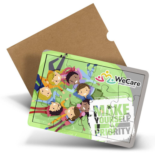 A wooden jigsaw puzzle featuring colourful illustrations of children, packaged in a cardboard box.