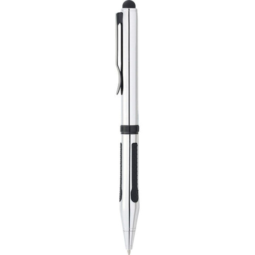 A silver ballpoint stylus pen with black grip accents and a clip, featuring a logo.