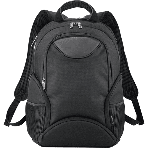A black 35L computer backpack with zippered compartments and padded shoulder straps. It features a logo on the front. A black 35L computer backpack with zippered compartments and padded shoulder straps. It features a logo on the front.