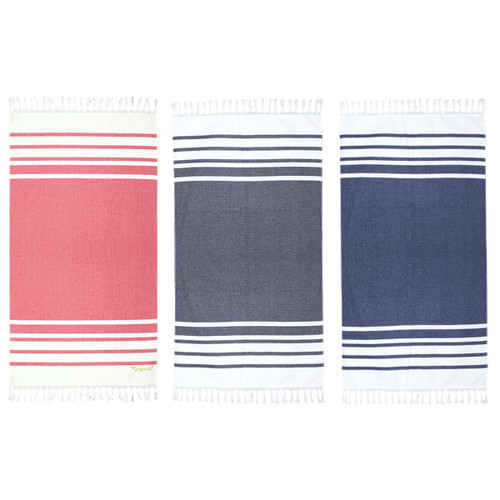 A set of three Trekk Turkish beach towels in red, navy, and dark navy with striped designs and tasselled edges.