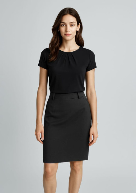 A black women's cool stretch multi-pleat skirt with a fitted design, paired with a black top. Features a logo. A black women's cool stretch multi-pleat skirt with a fitted design, paired with a black top. Features a logo.
