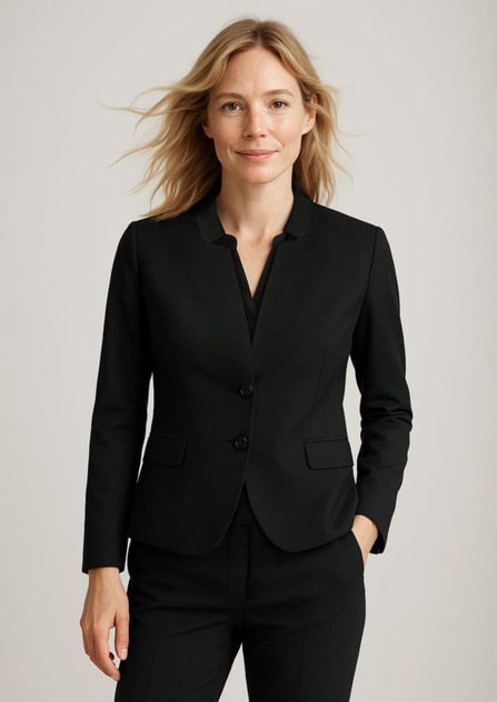 A women’s black comfort wool stretch short jacket with a reverse lapel and fitted design, featuring a logo. A women’s black comfort wool stretch short jacket with a reverse lapel and fitted design, featuring a logo.