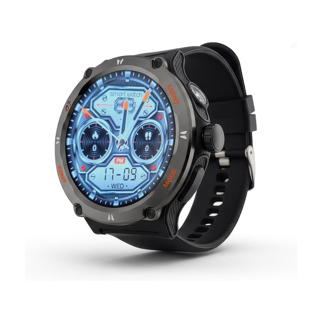 A smart watch with a round black casing, blue display, and multiple dials, featuring a black strap and a logo.