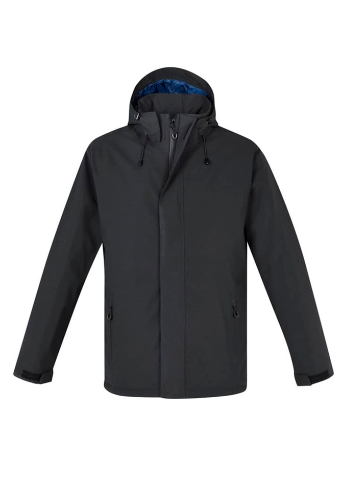 A dark grey rain jacket featuring a hood and zip pockets, with a blue inner lining and a noticeable logo.
