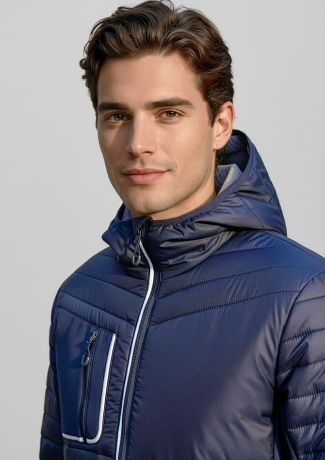 A navy unisex patrol jacket featuring a hood and zippered pockets, with a logo on the chest.