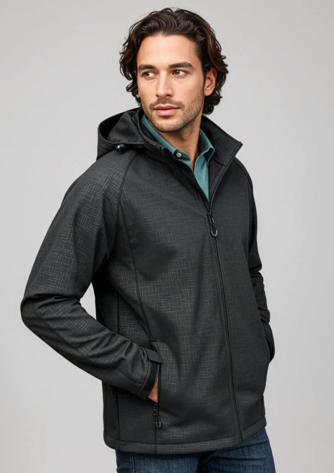 A black soft shell jacket with a hood, featuring a zip front and side pockets, worn by a male model.