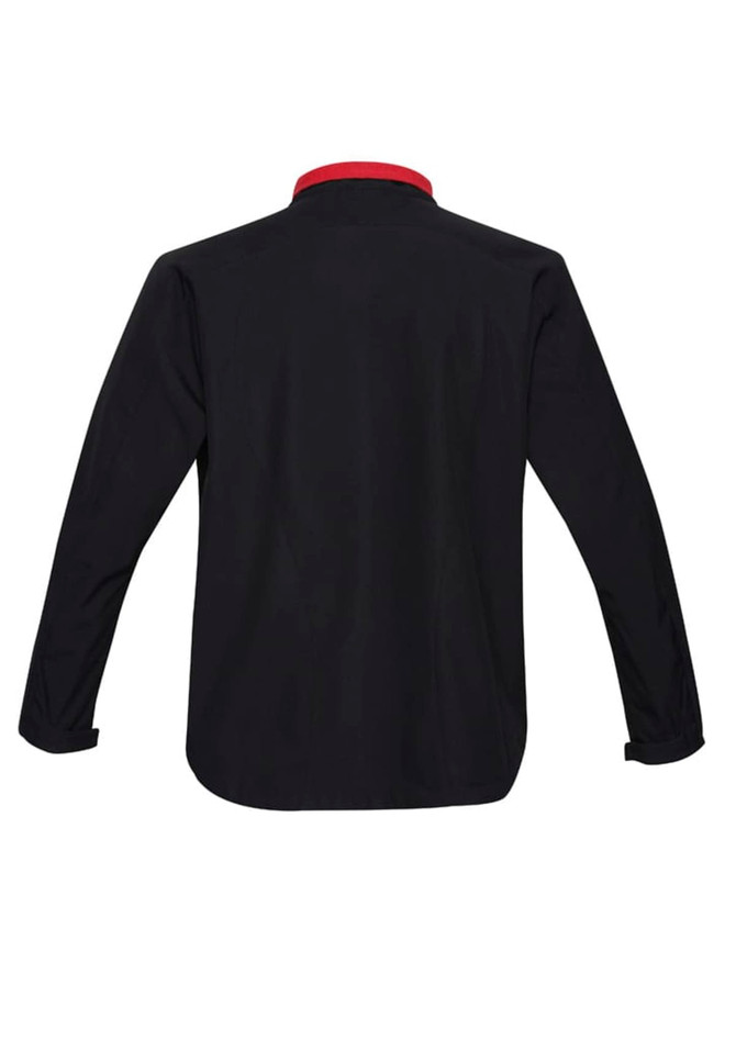 A black soft shell jacket with a red collar, featuring long sleeves and a logo.