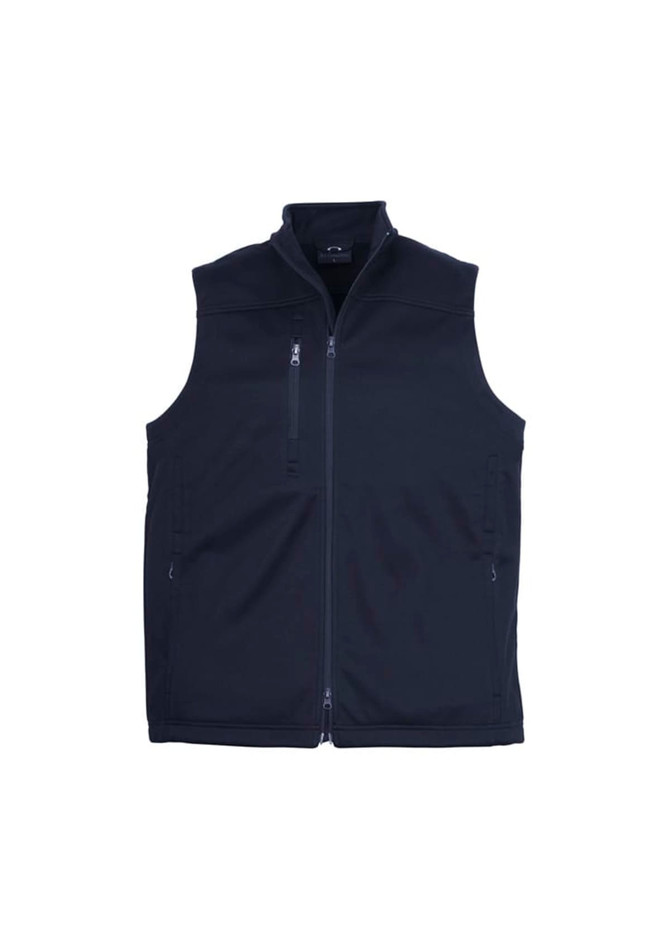 A black softshell vest featuring a high collar and zippered pockets, with a logo present.