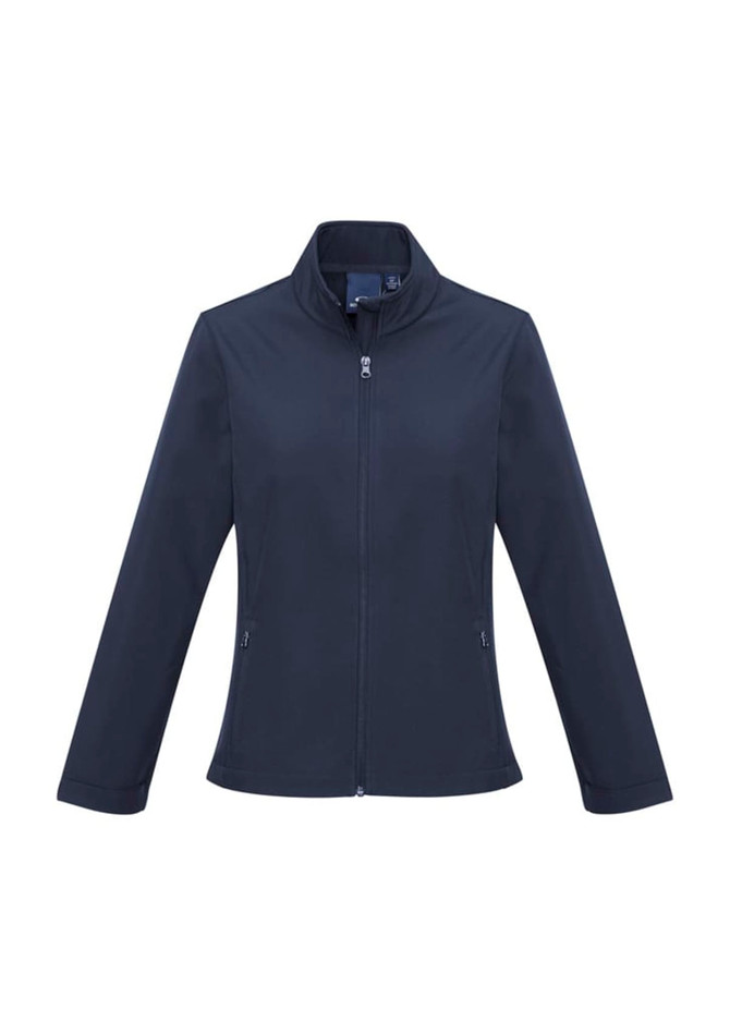 A dark navy soft shell jacket with a high collar and zipped front, featuring side pockets and a logo.
