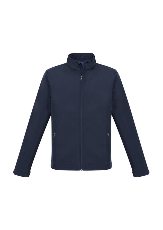 Navy men's soft shell jacket with a zip front and two side pockets, featuring a logo.