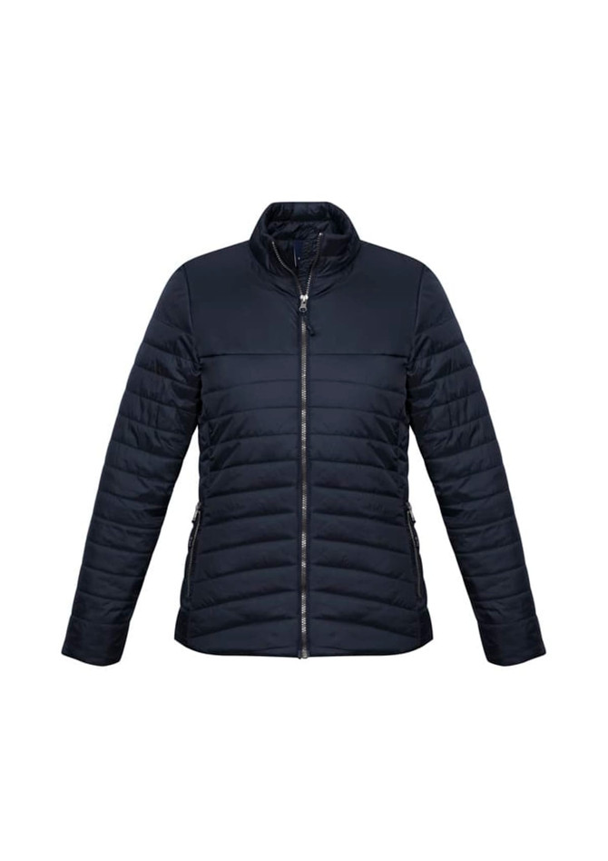 A women's puffer jacket in navy blue with a zip front and side pockets, featuring a logo on the design.