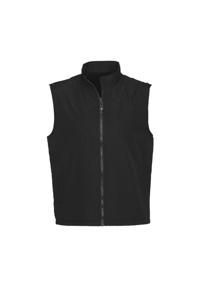 A unisex reversible fleece vest in black with a front zip and a collar. Features a logo.