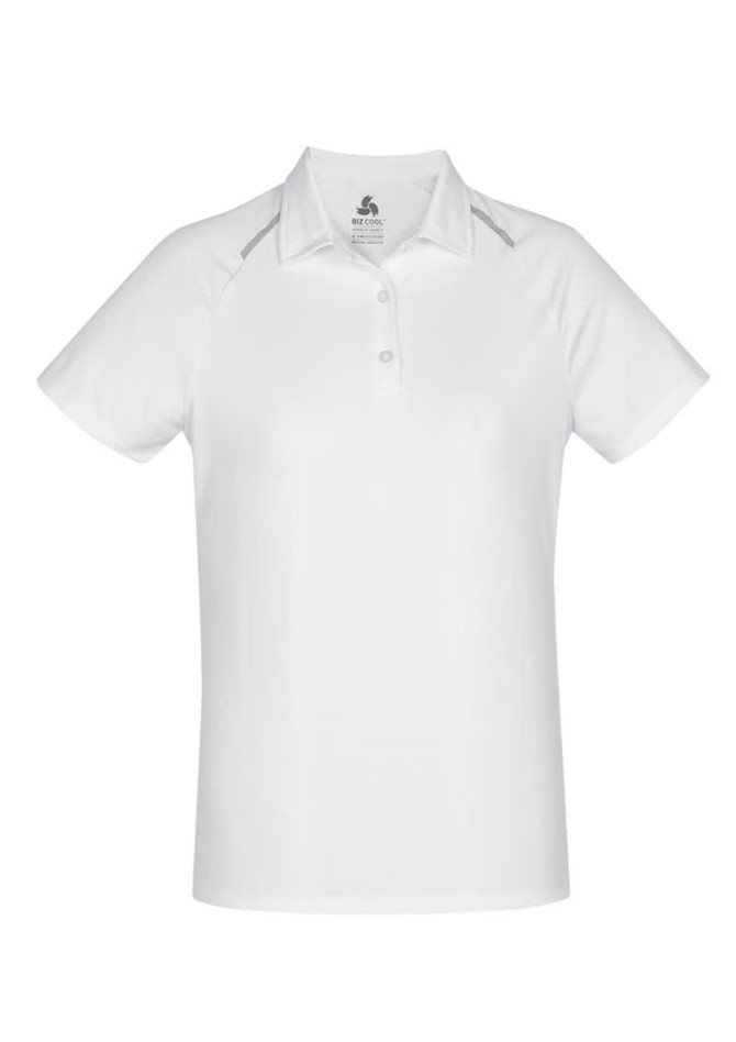 A women's short sleeve polo shirt in white with a subtle branding logo.