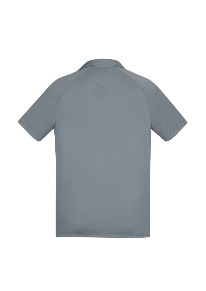 A grey short sleeve polo shirt with a classic collar and a branded logo on the back.