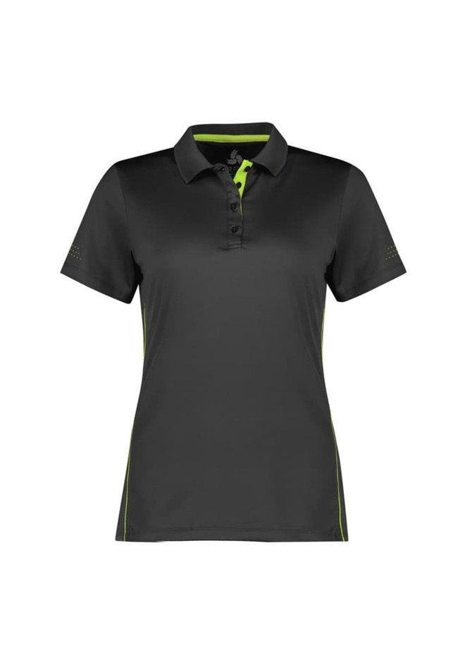 A women's short sleeve polo shirt in black with green accents and a logo.