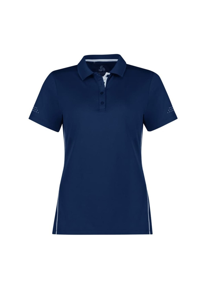 A navy blue women's polo shirt featuring a collar, button placket, and logo detailing on the sleeves.