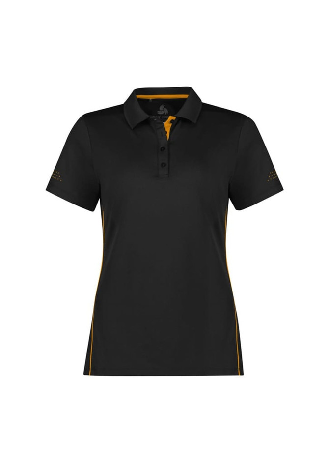 A black short sleeve polo shirt with yellow accents and a logo on the left side.