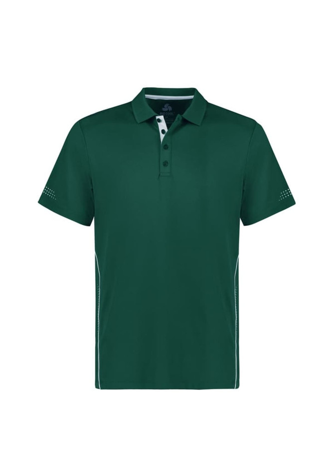 A green short sleeve polo shirt featuring a collar, with a logo and contrasting details on the sides.