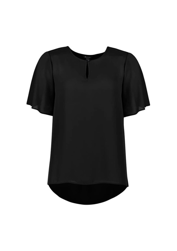 A black short sleeve blouse with a keyhole detail at the neckline and flowing sleeves, featuring a logo. A black short sleeve blouse with a keyhole detail at the neckline and flowing sleeves, featuring a logo.