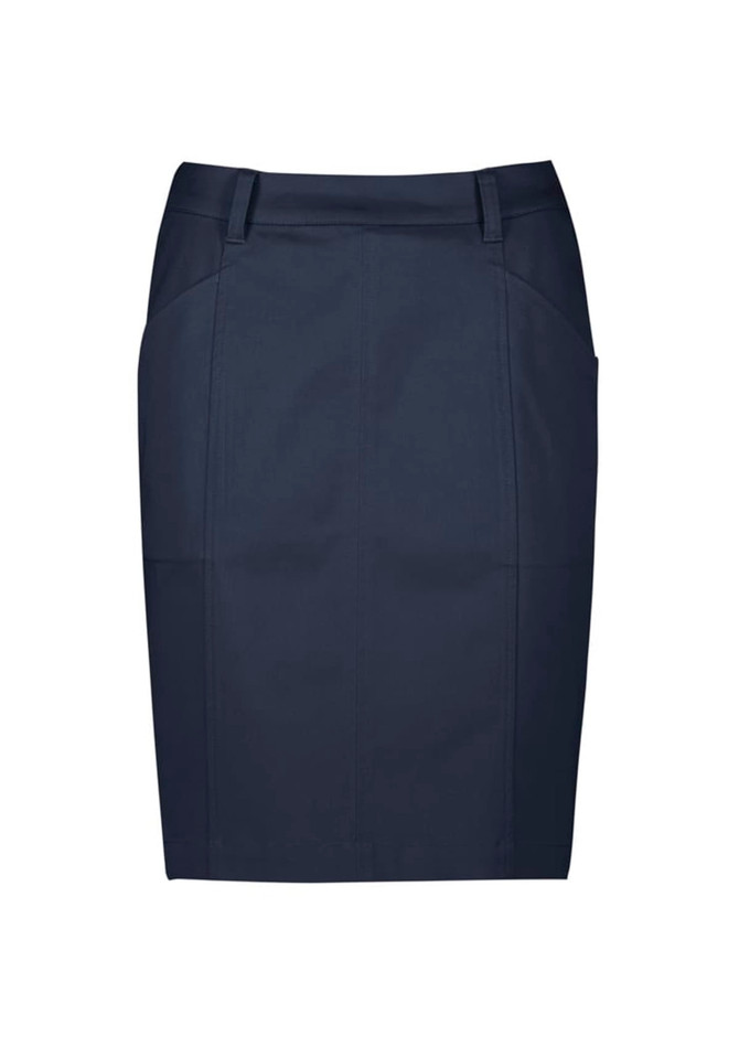 A women's mid-waist stretch chino skirt in navy blue, featuring pockets and a tailored design. A women's mid-waist stretch chino skirt in navy blue, featuring pockets and a tailored design.