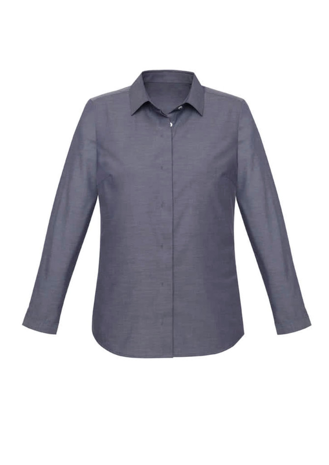 A long sleeve, button-up shirt in a dark grey colour with a classic collar and a subtle texture.