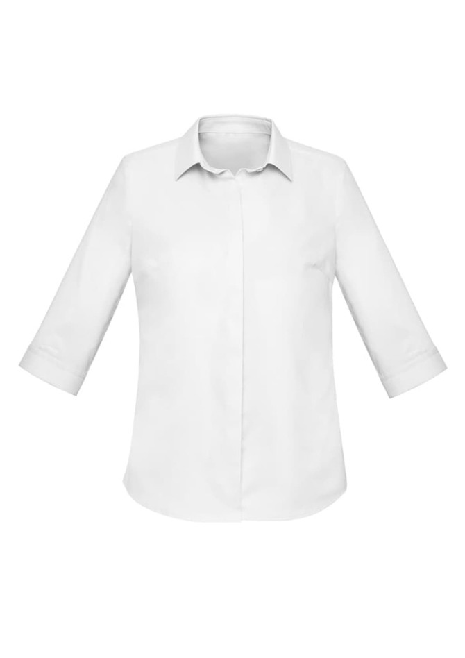 A white women's button-up shirt featuring 3/4 sleeves and a collar, with a logo on the front.