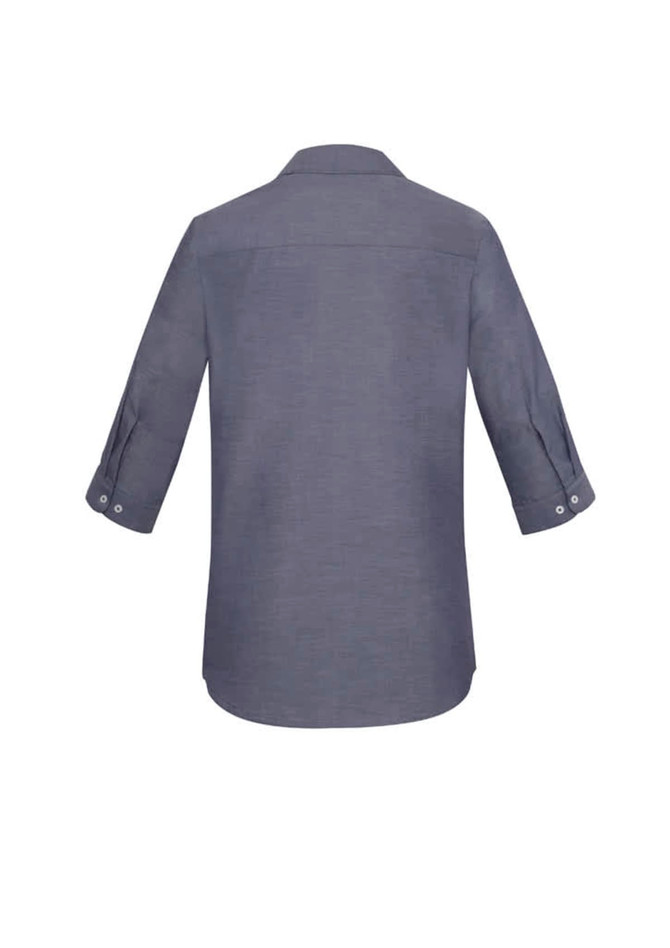 A back view of a women's grey 3/4 sleeve button-up shirt featuring a collar and roll-tab sleeves.