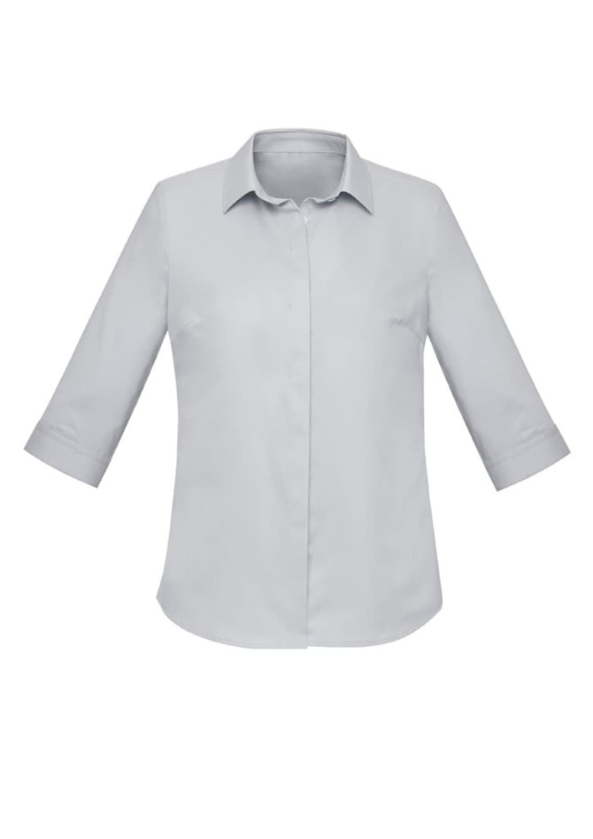 A light grey women's button-up shirt with 3/4 sleeves and a collar. It features a logo on the chest.
