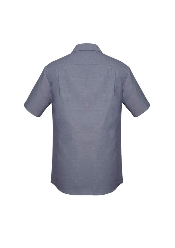 A short sleeve button-up shirt in a classic fit, displayed in a grey colour, featuring a logo on the back.