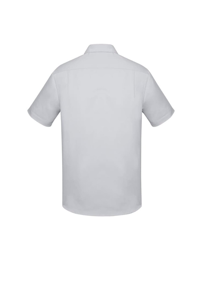 A classic-fit short sleeve shirt in light grey, featuring a collar and back yoke detailing. It has a brand logo on it.
