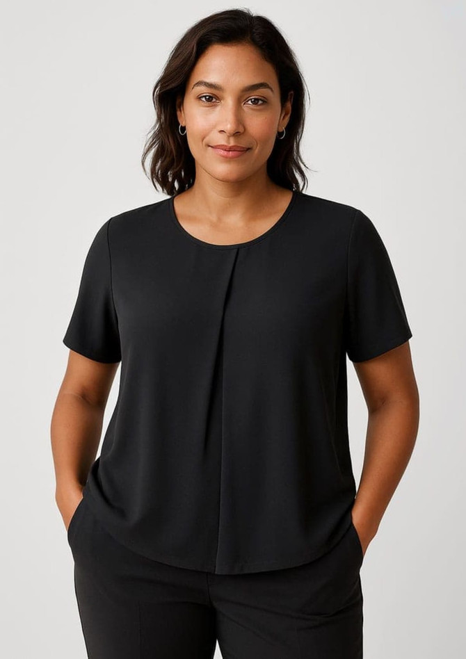 A black short sleeve T-shirt featuring a relaxed fit and a subtle pleat detail, displayed on a model.
