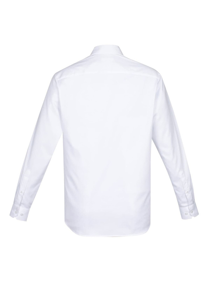 A white long sleeve button-up shirt with a classic collar and a logo on the back.