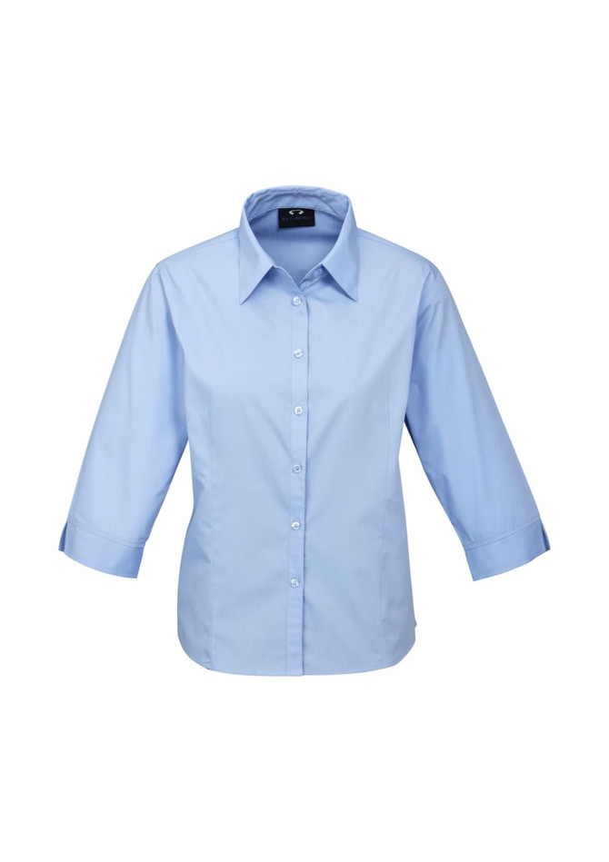 A light blue women's 3/4 sleeve button-up shirt with a collar and a logo on the chest.
